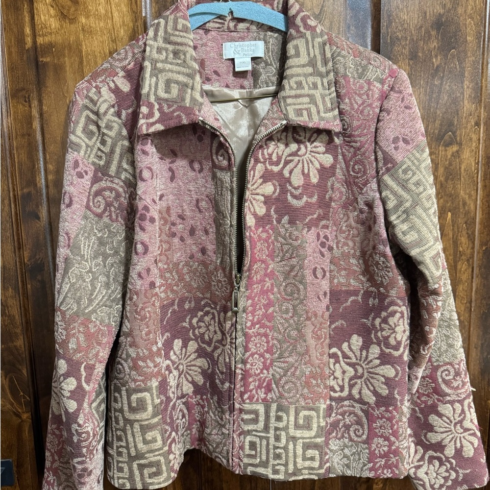 Christopher & Banks Dusty Rose and Taupe Patchwork Zip Jacket